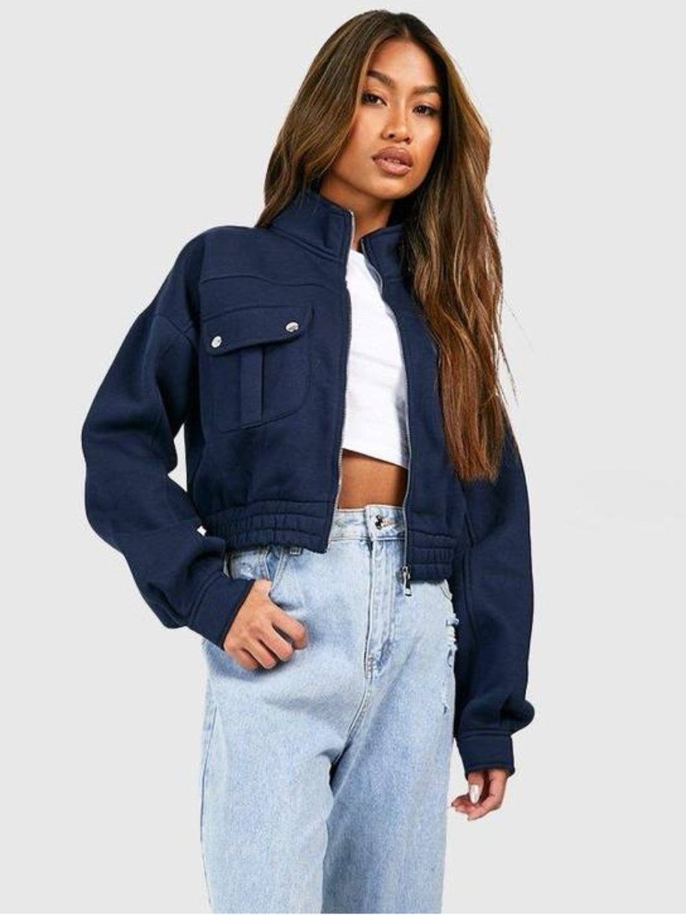 boohoo crop bomber jacket with pocket detail, size 8